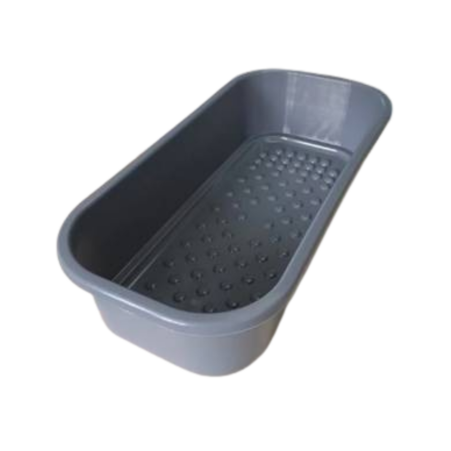 A gray plastic foot tub with a textured surface.