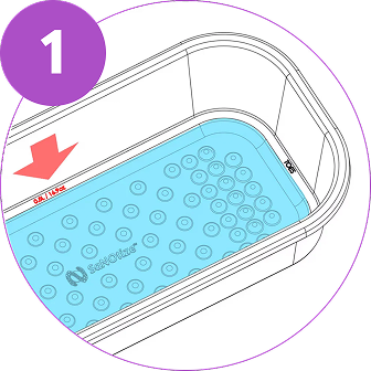 Instruction graphic showing the first step of using the foot bath, Fill the
foot bath.