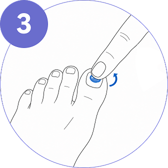 Instruction graphic showing a close-up of a foot, showing how to apply to the Nail.
