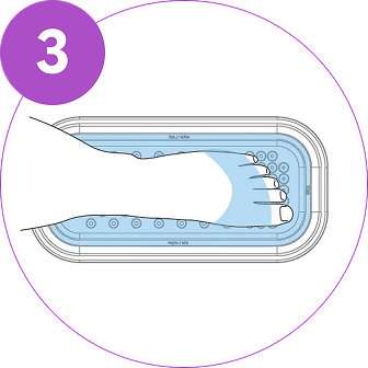 Instruction graphic 3 showing a foot placed inside foot bath