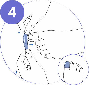Instructional diagram showing how to put on with toe cover