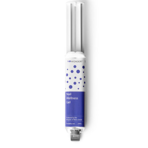 A bottle of NOWONDER Nail Wellness Gel with a white and blue label, indicating the product is for nail care.