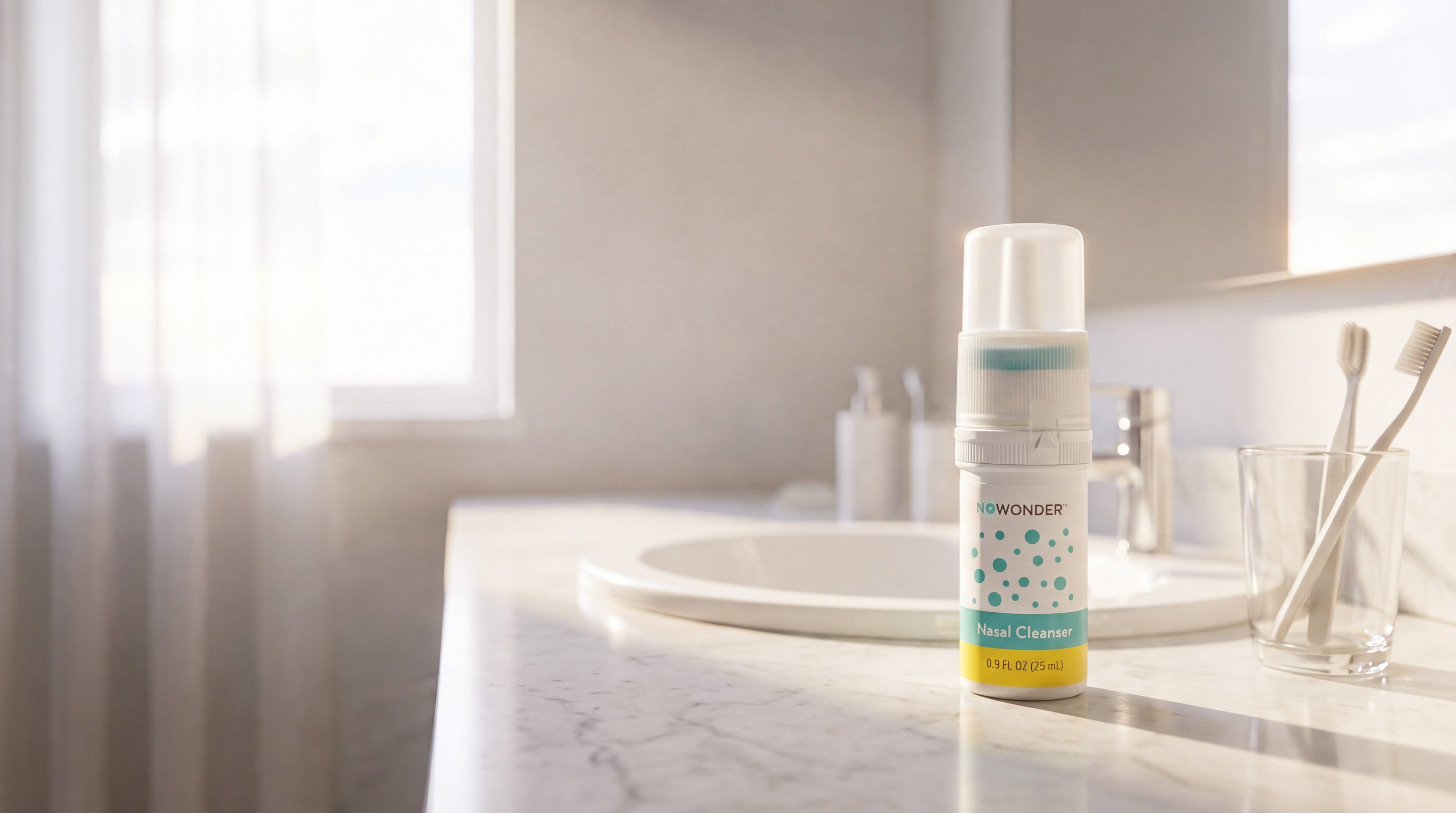 NOWonder Nasal Cleanser on a bright midday bathroom counter
