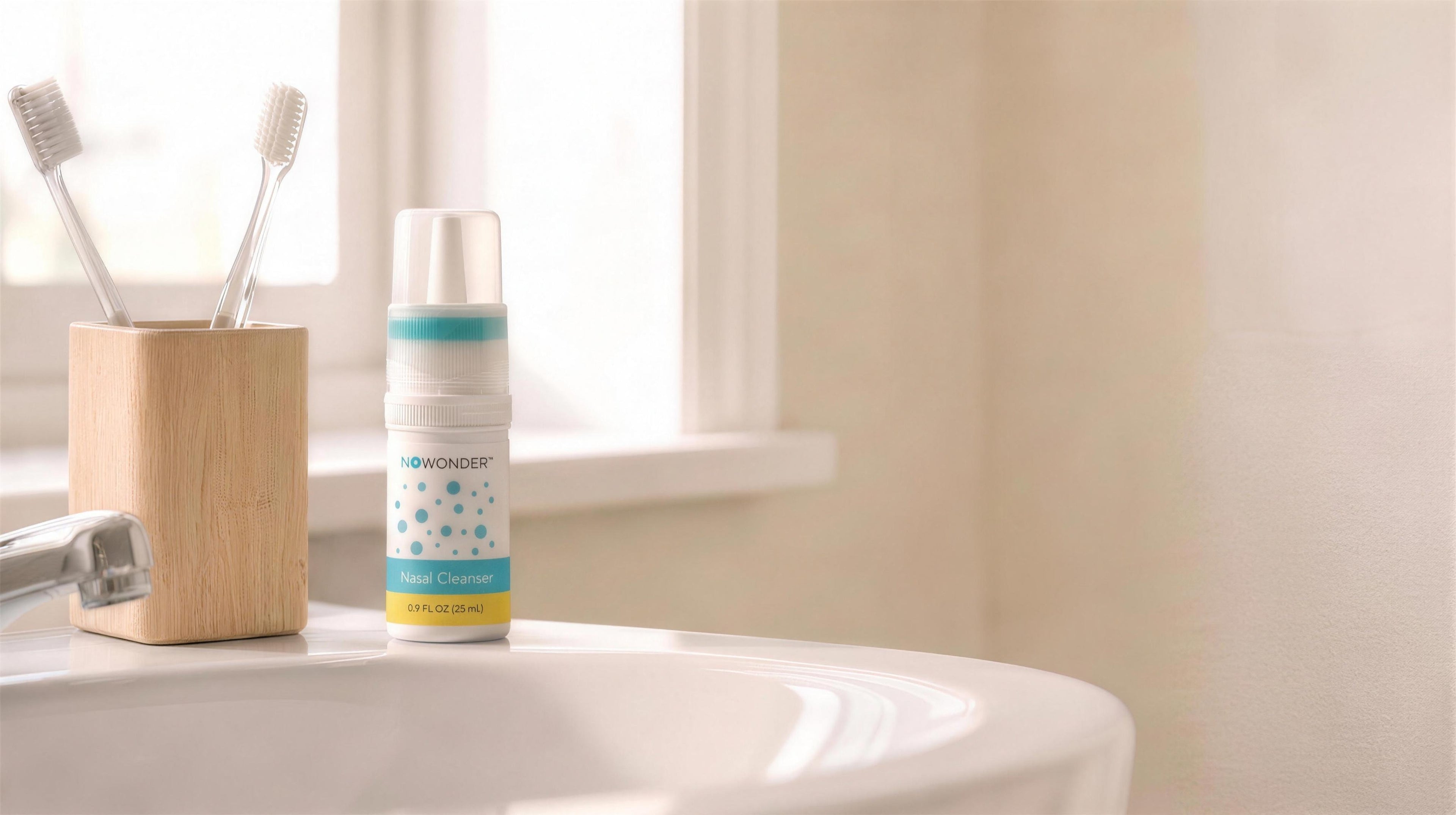 NOWonder hero scene 2 — toothbrush cup and bottle, label corrected, 4K