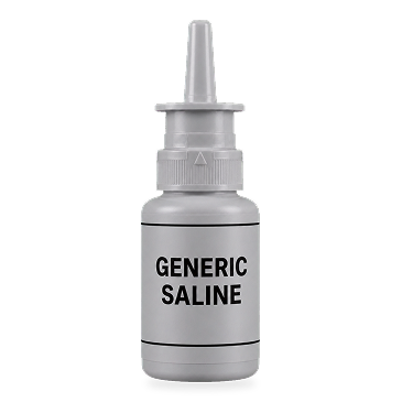 A generic saline nasal spray bottle with a gray plastic body and nozzle, featuring black text that reads 'GENERIC SALINE'.