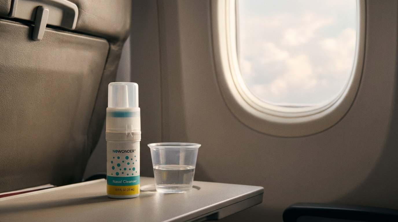 A bottle of NOWONDER Nasal Cleanser sits on an airplane tray table next to an oval window, with a small clear cup of water beside it.