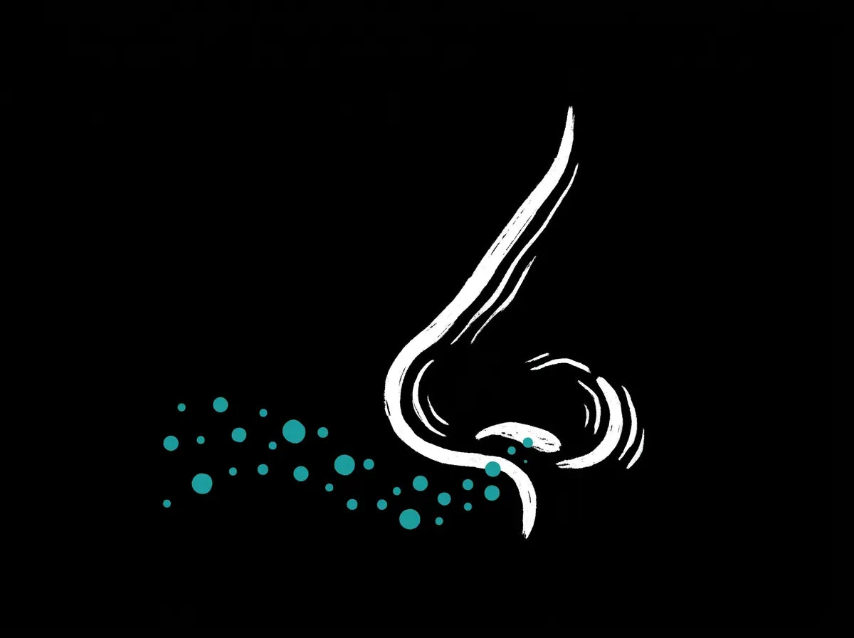 A stylized white line drawing of a nose on a black background, with small teal dots trailing to the left.
