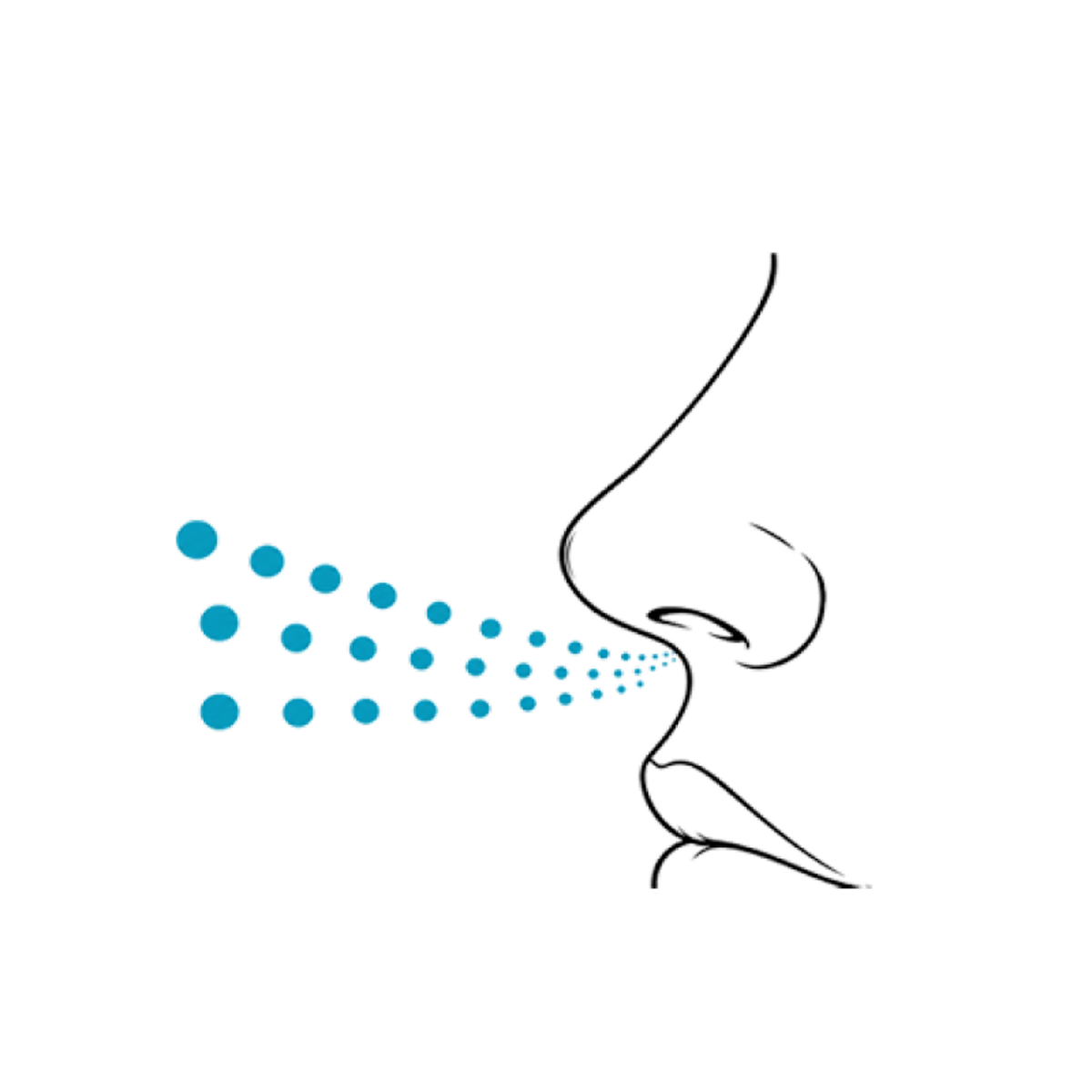 A minimalist line drawing of a nose with blue droplets spraying out