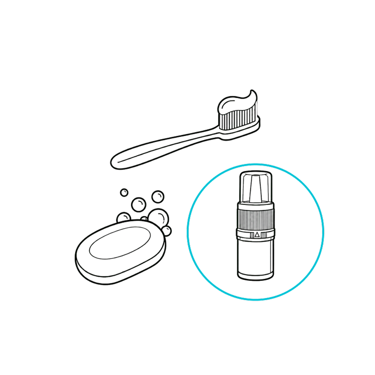 Black and white line art icons of a toothbrush with toothpaste, a bar of soap with bubbles, and a small cylindrical bottle highlighted by a cyan circle on a white background.