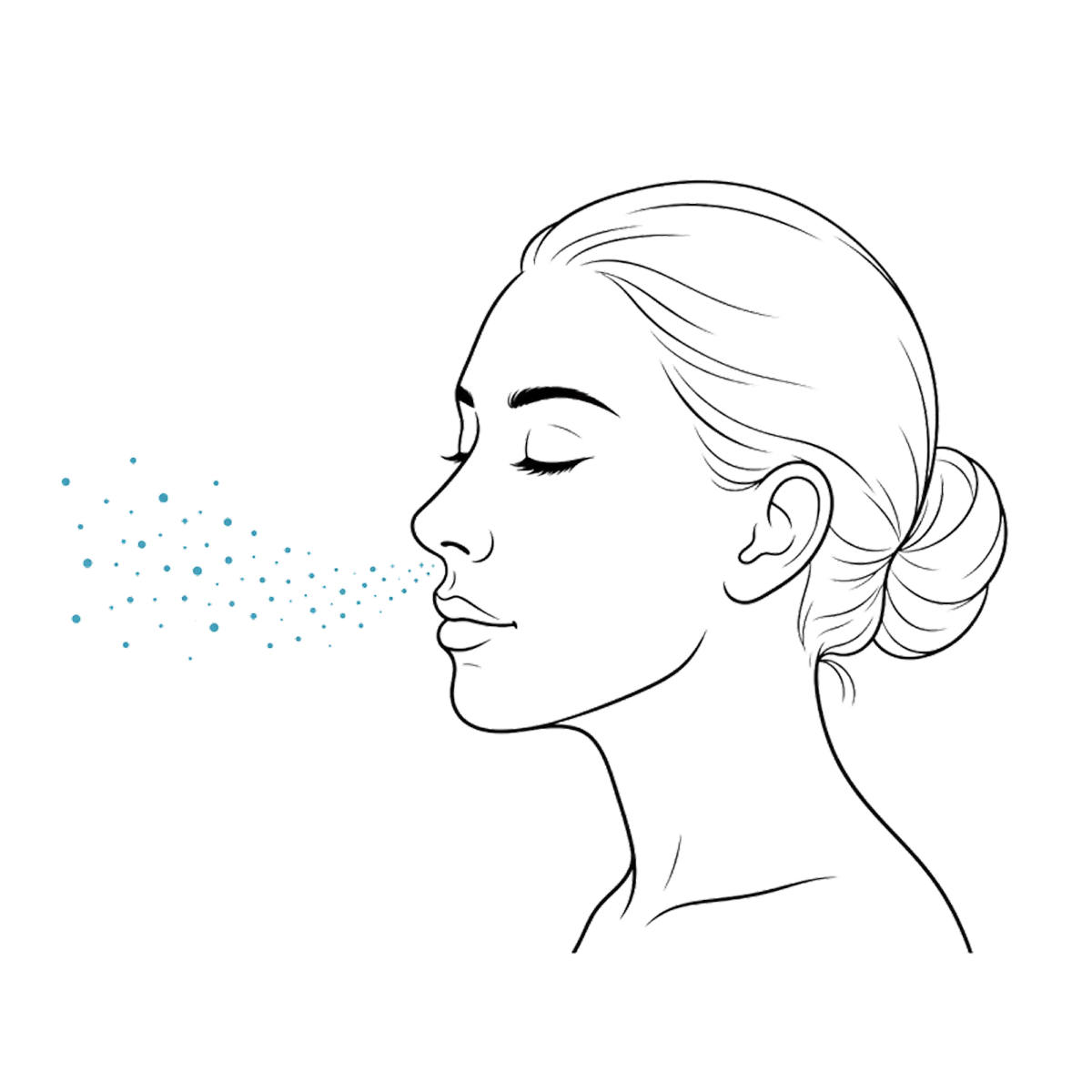 A minimalist black line drawing of a woman in profile with blue dotted particles to the nose