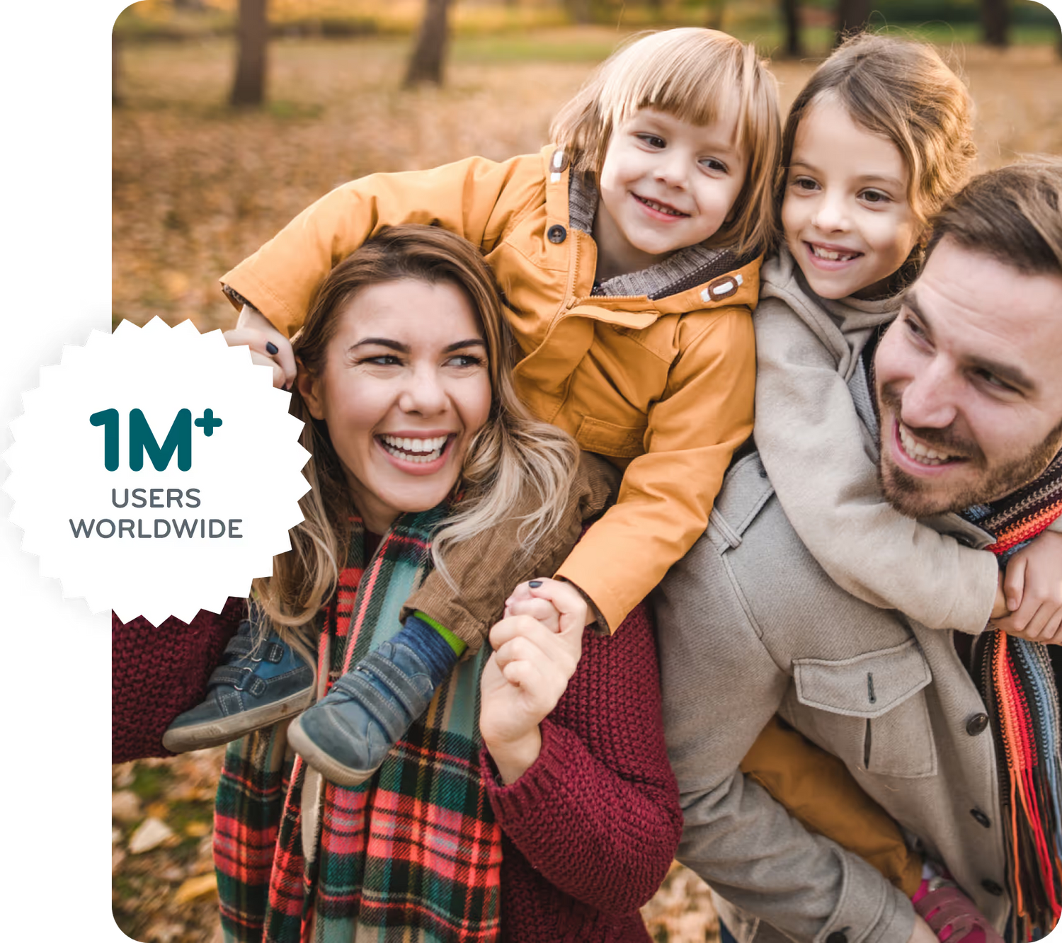 Family of four in warm clothing with a badge indicating 1M+ users worldwide.