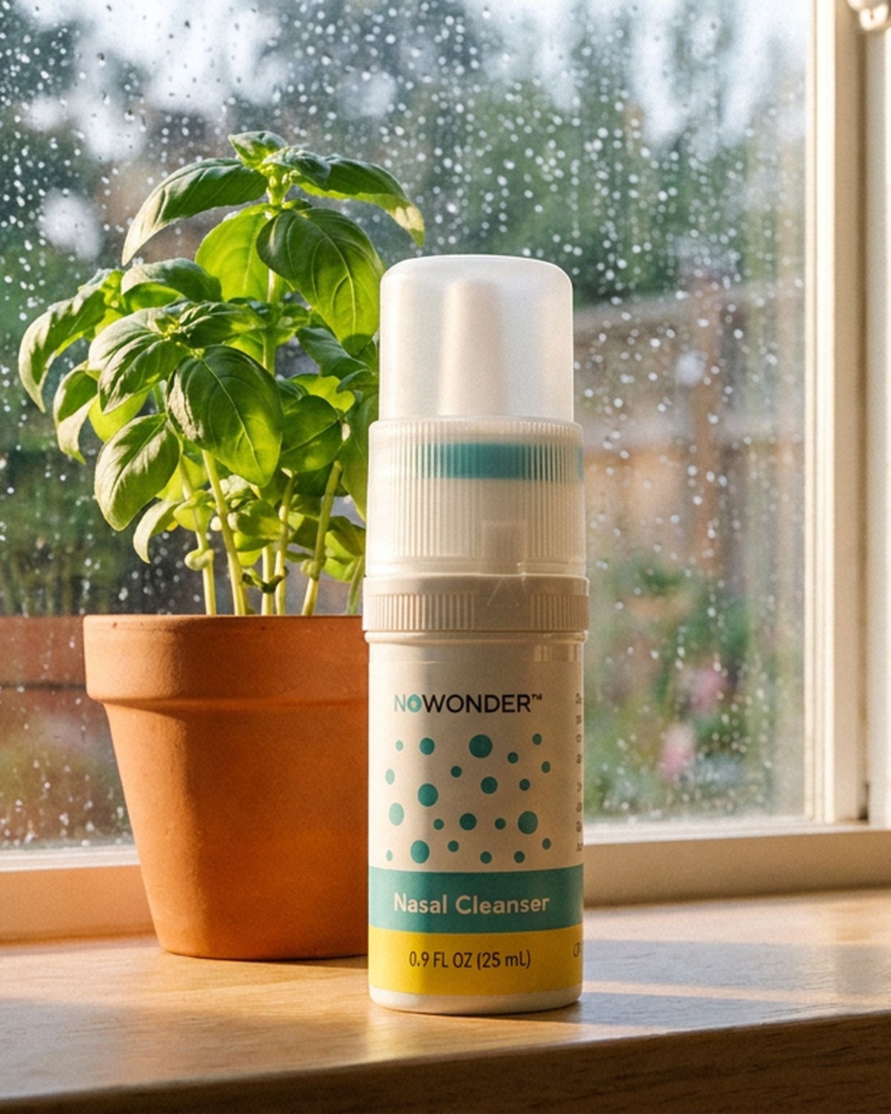 A bottle of NOWONDER Nasal Cleanser stands on a wooden windowsill next to a potted plant, with a softly blurred rainy window background.