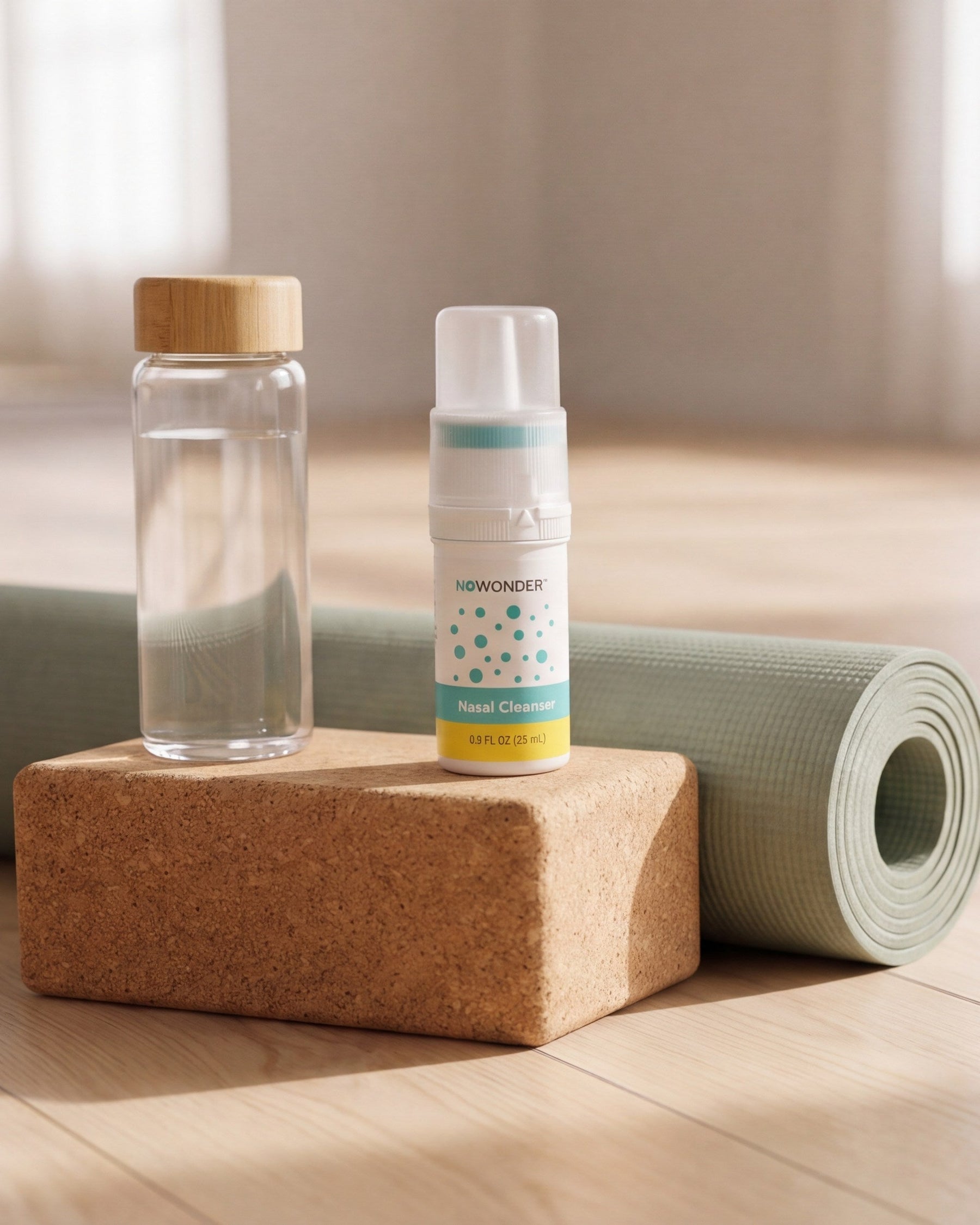 A bottle of NOWONDER Nasal Cleanser over a block