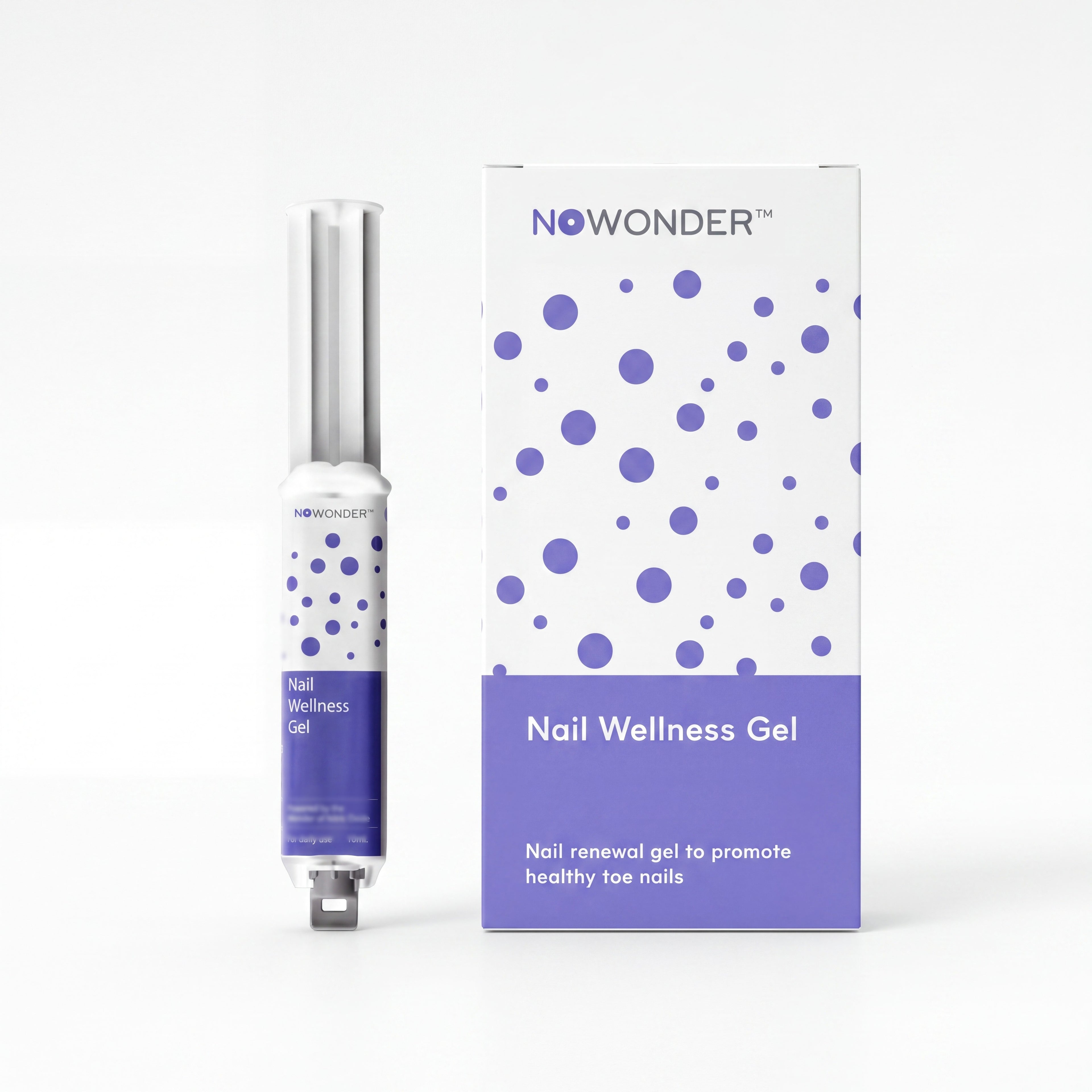 NOWONDER Nail Wellness Gel syringe and box, studio packshot