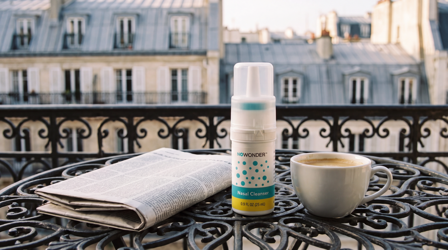 A bottle of NOWONDER Nasal Cleanser stands on an outdoor wrought-iron table next to a folded newspaper and a white ceramic cup.